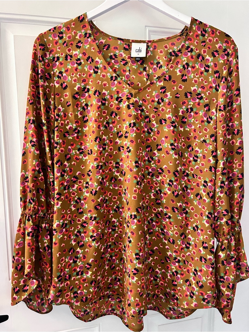 CAbi Mustard Floral-Spot V-Neck Blouse with Pink & Black Accents